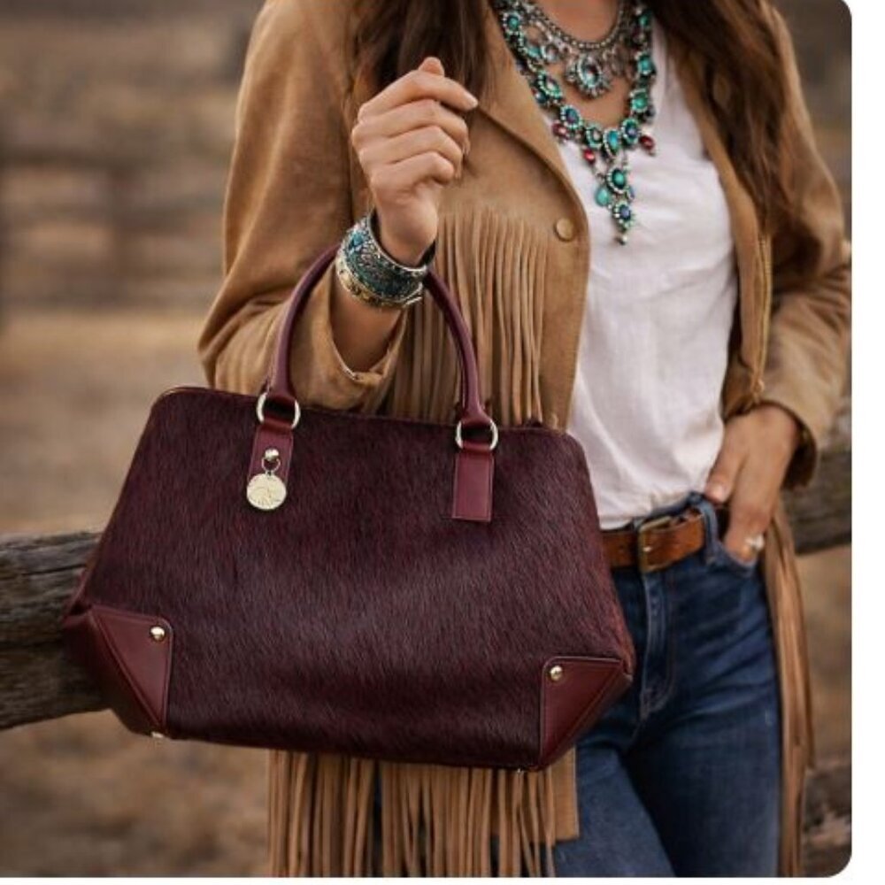 LAMARTHE Paris Structured Calf Hair Satchel Rich Burgundy / Wine Tone